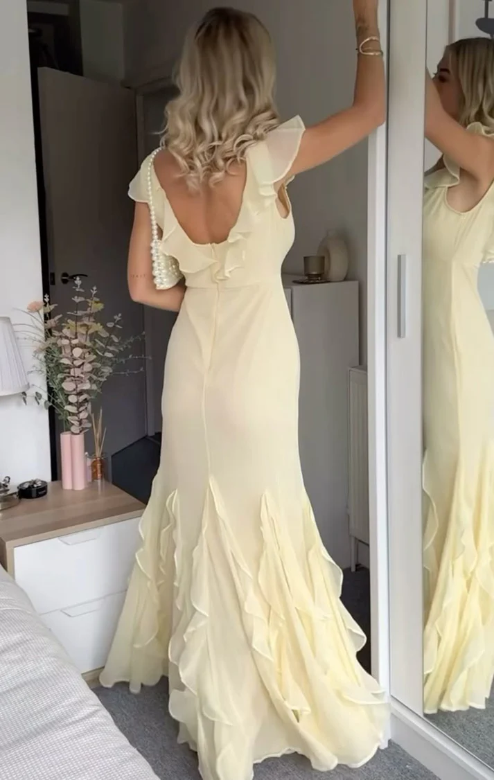 Elegant Yellow Chiffon Mermaid Ruffle Evening Dress Long Evening Gown Y8073