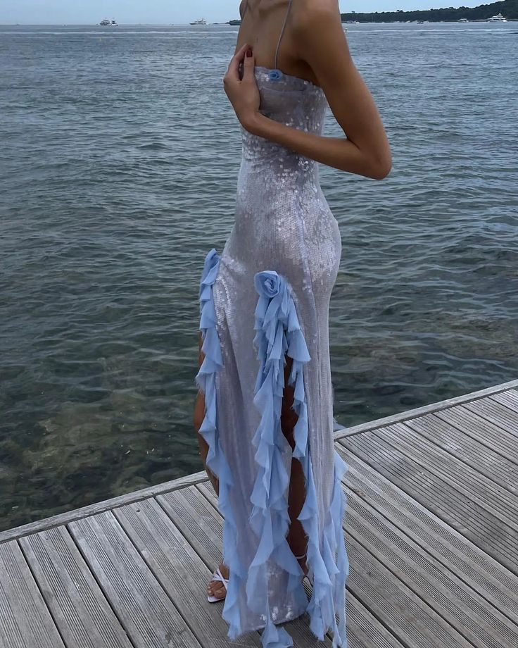 Sexy Slit Ruffles Sequin Party Dress Long Prom Evening Dress - VelvetHem