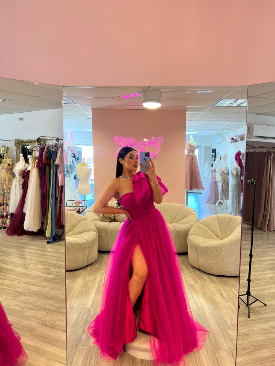 Fuchsia One Shoulder Evening Dresses Long Tulle A Line Evening Dresses - VelvetHem