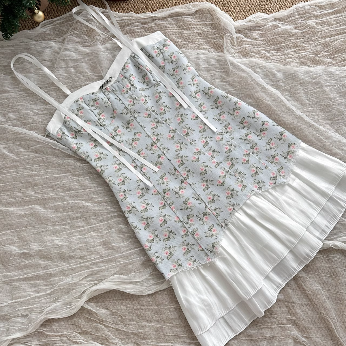 Cute A line Spaghetti Straps Blue Sleeveless Floral Dress Short Holiday Dresses - View 4 | VelvetHem