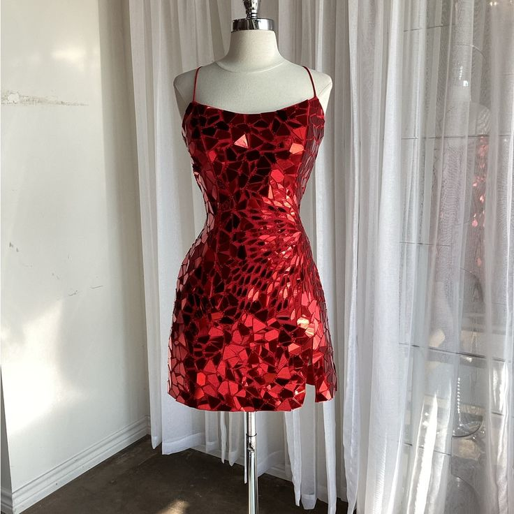 Gorgeous Spaghetti Straps Red Sequin Sheath Short Cocktail Dress Formal Graduation Homecoming Dress - VelvetHem