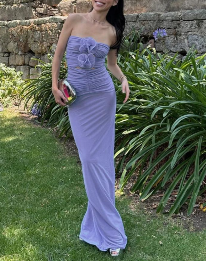 Chic Strapless Purple Sheath Prom Dress Long Party Dress With Flowers - VelvetHem