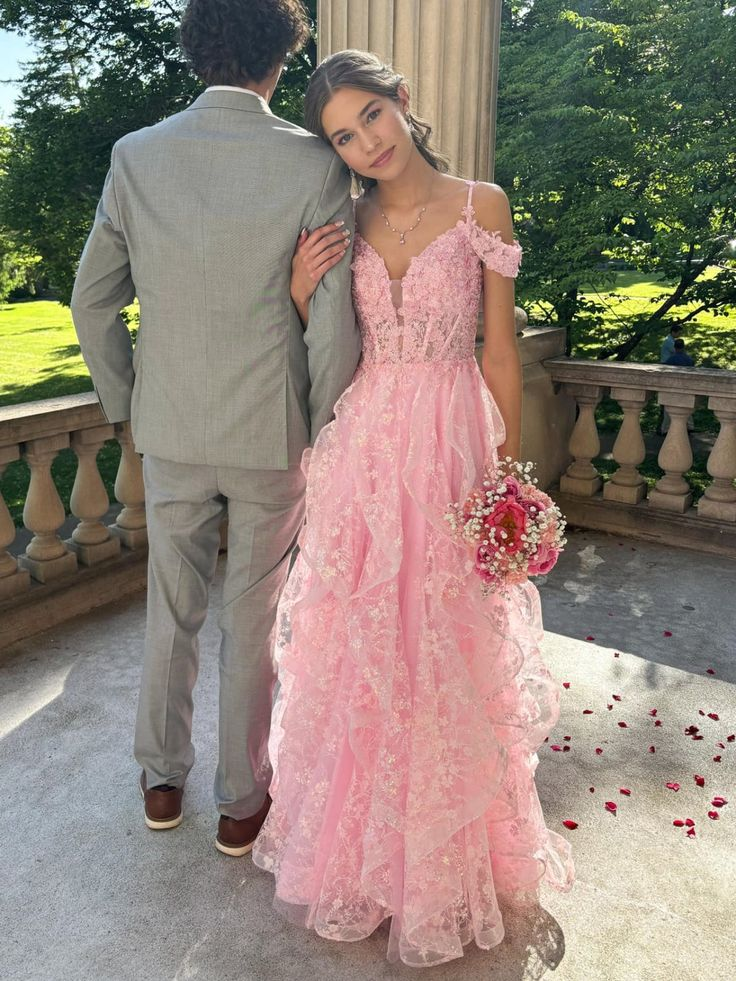 Pink Off Shoulder Fluffy Lace Appliques Floral Long Prom Dress Evening Dress Y7846 - VelvetHem