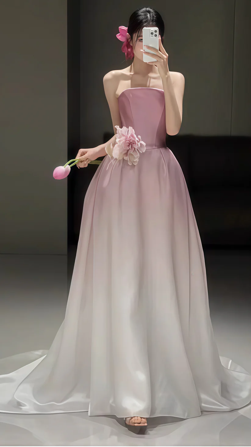 Fairy Ombre Pink Strapless Party Evening Dress,Formal Prom Dress With Flowers - VelvetHem