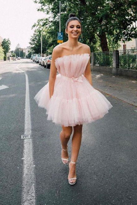 Strapless Pink Tulle Short Homecoming Dress, Princess Sleeveless Party Dress - VelvetHem