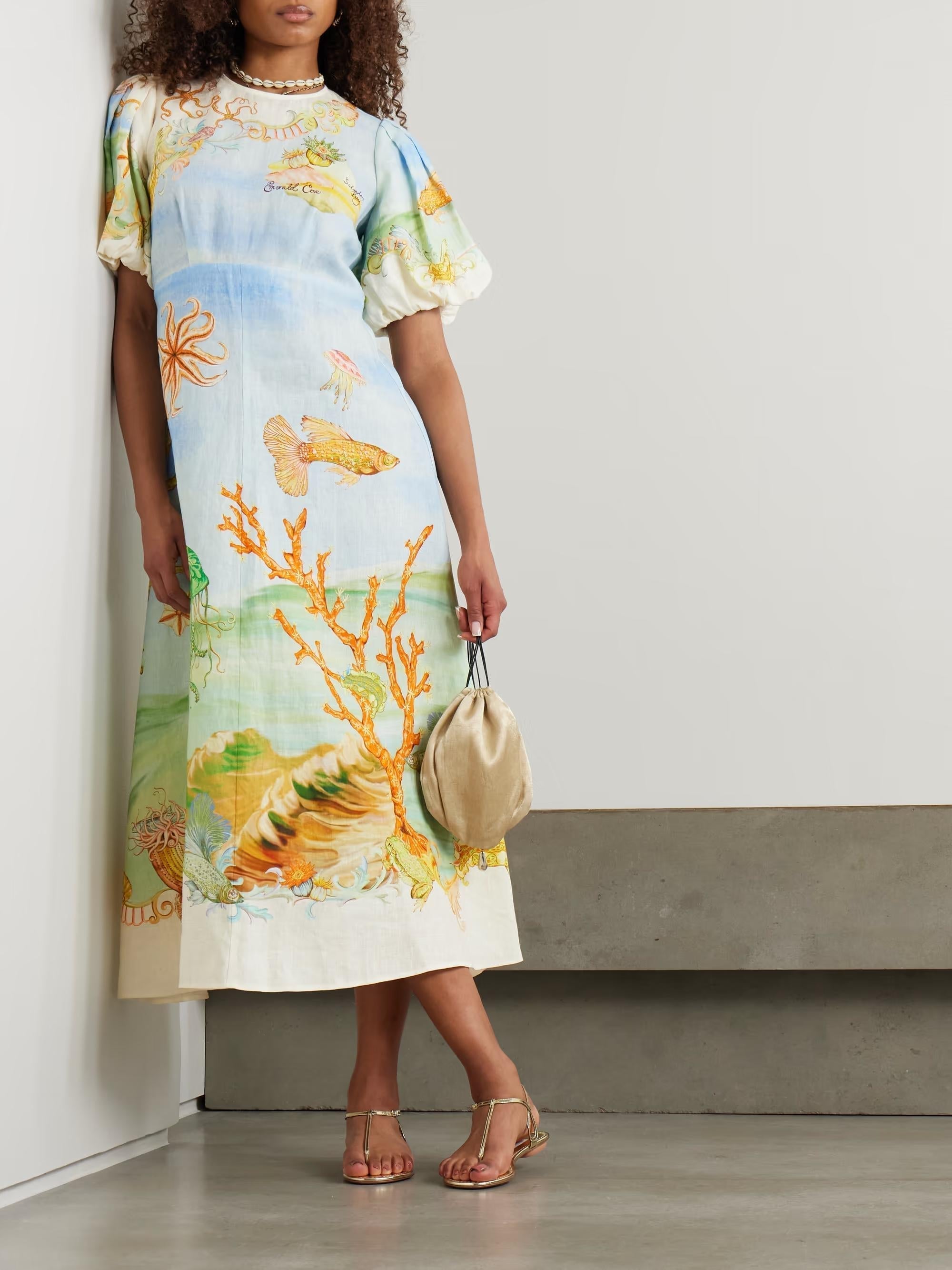 Gathered Printed Linen Gauze Midi Dress