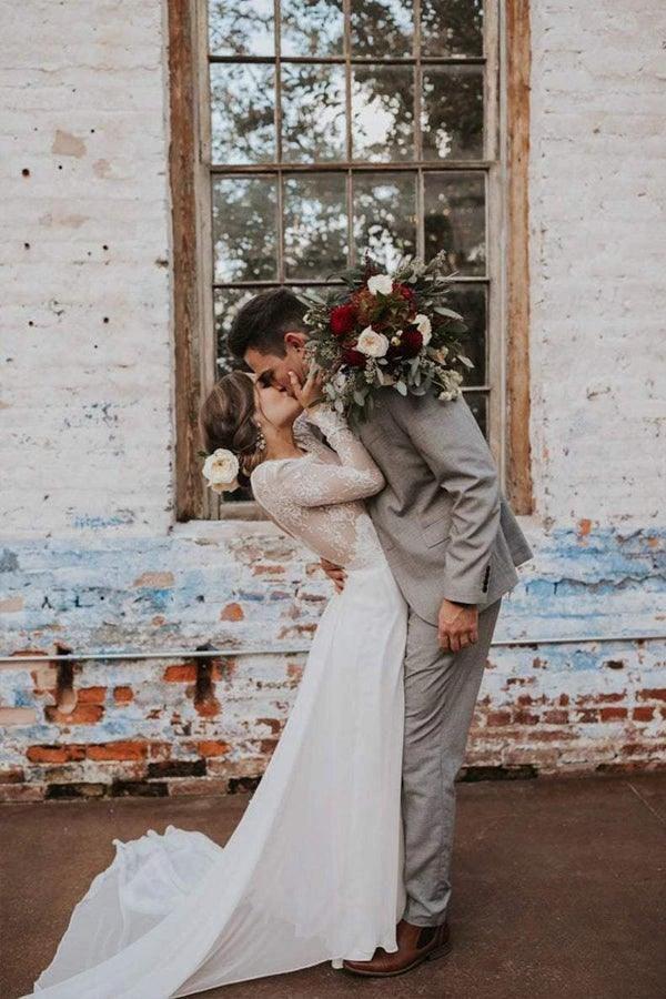 A Line Boho Lace Long Sleeves Open Back Rustic Wedding Dresses (ZD16224)
