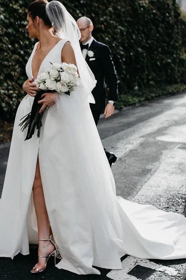 A Line Deep V Neck Open Back White Long Wedding Dresses Bridal Gown (ZD16388)