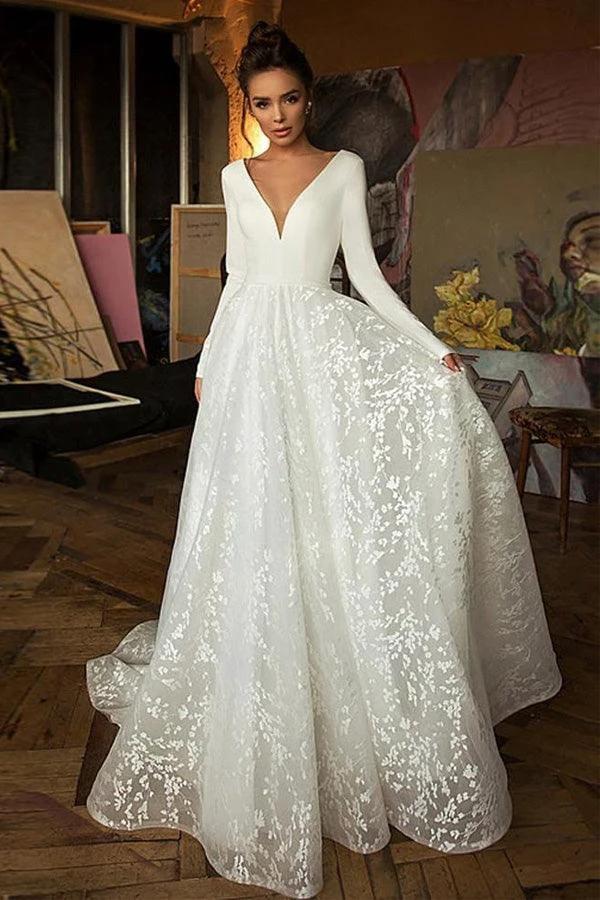 A Line Elegant Long Sleeves V Neck Beach Wedding Dress Bridal Gown (ZD16246)