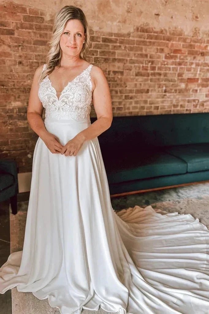 A Line Ivory Floral Lace Open Back Long Wedding Dresses (ZD16138) - VelvetHem