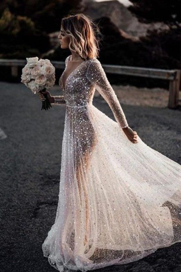 A Line See Through Deep V Neck Long Sleeves Sparkly Wedding Dresses (ZD16232)