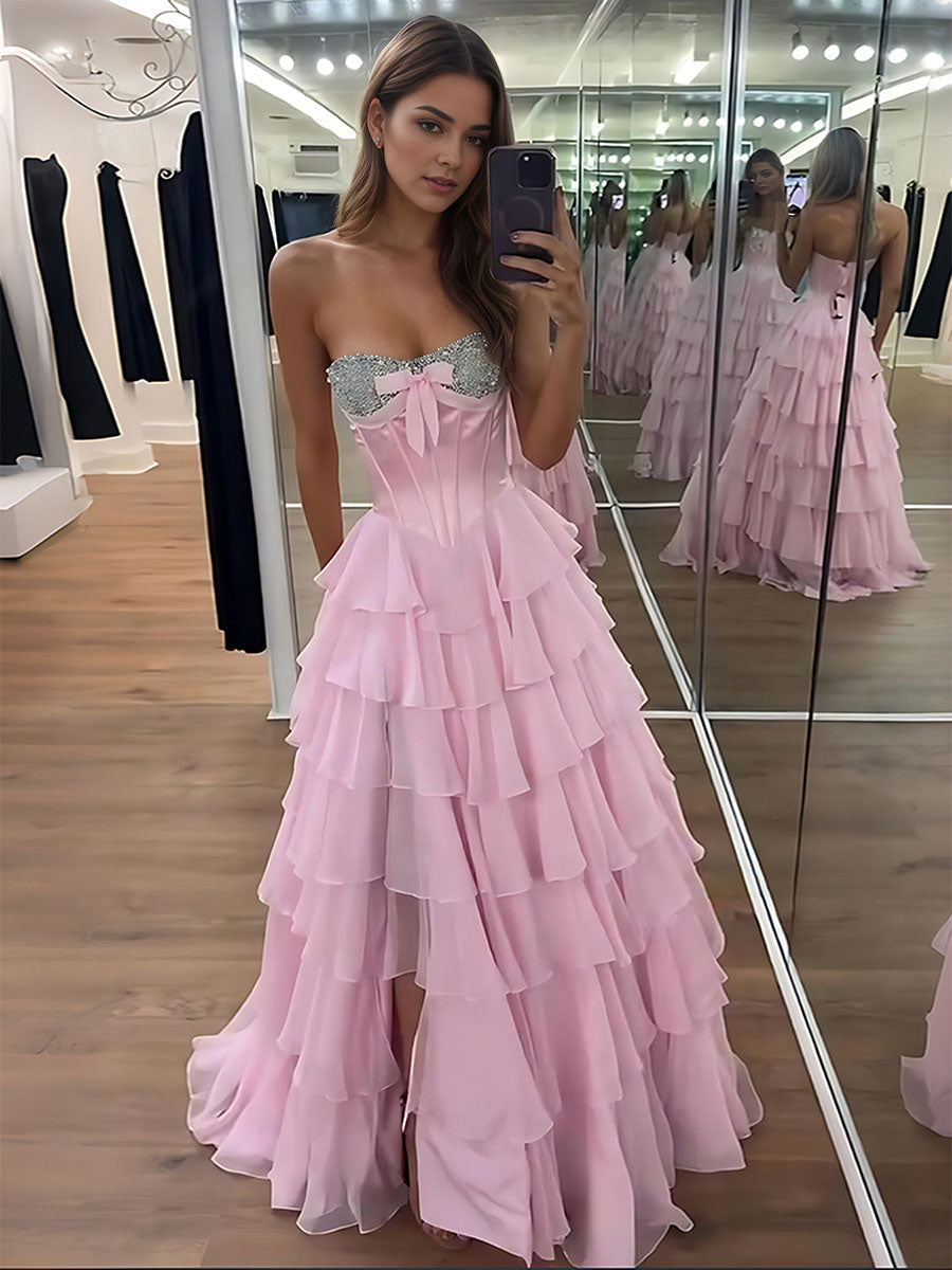 A Line Strapless Sweetheart Tiered Chiffon Long Prom Dress with Beading - VelvetHem