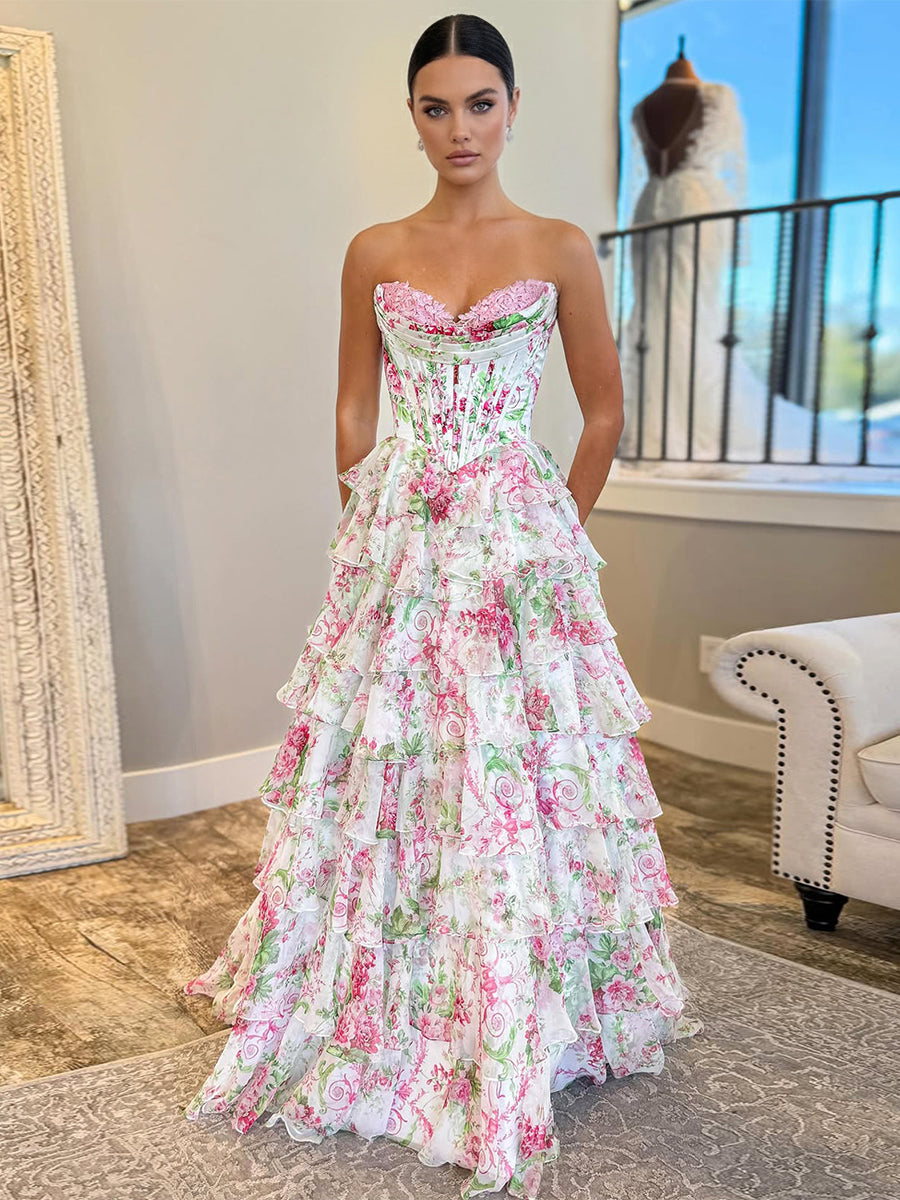 A Line Sweetheart Floral Chiffon Tiered Prom Dress with Slit - VelvetHem