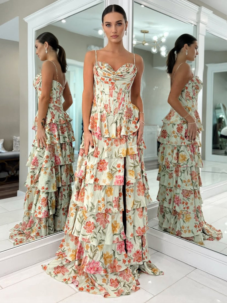 A Line Sweetheart Floral Chiffon Tiered Prom Dress with Slit - VelvetHem