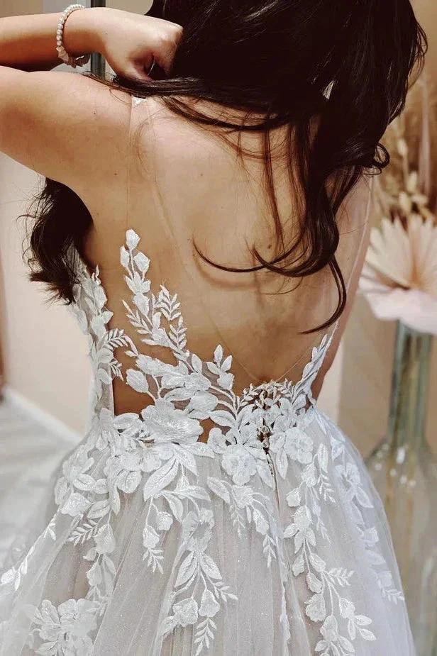 A Line V-neck Tulle Lace Appliques Beach Wedding Dresses Bridal Gown (ZD16154)