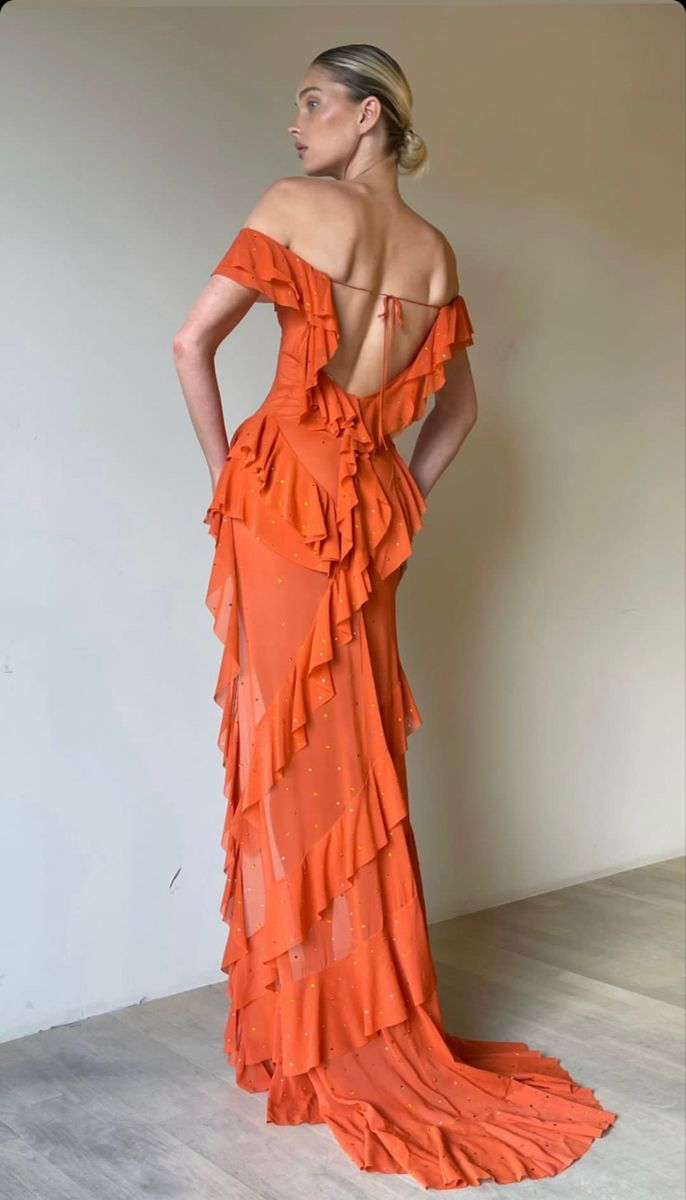 Sexy Off The Shoulder Pink Chiffon Ruffle Slit Long Party Dress Evening Gown Add Lining - View 6 | VelvetHem