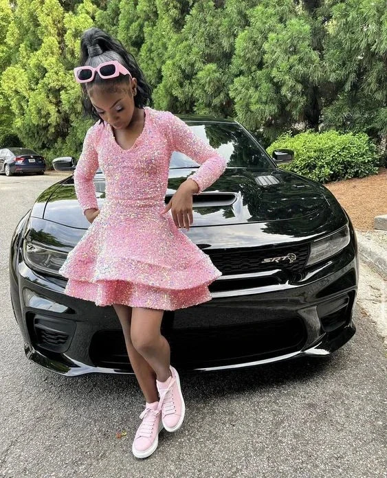 Pink Sequins Tiered Homecoming Dress 8th Grade Prom Long Sleeves (ZD12492) - VelvetHem