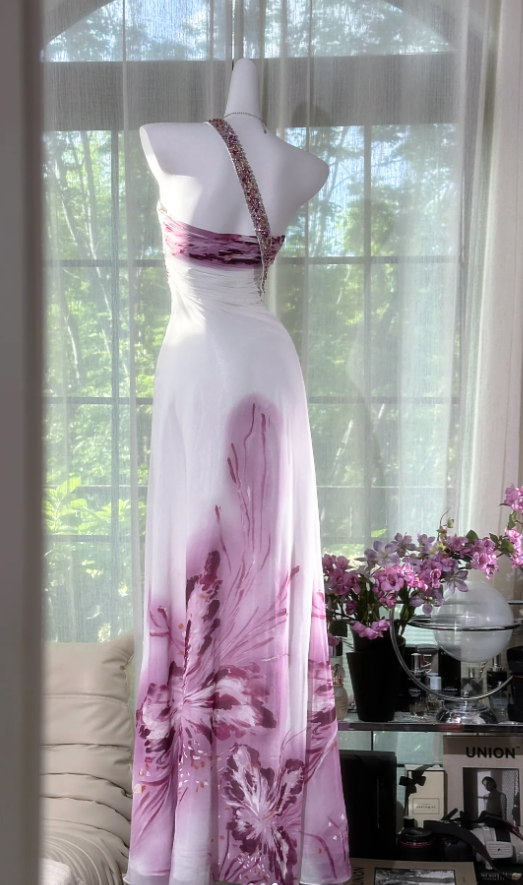 Pretty One Shoulder Beaded White Chiffon Lilac Floral Mermaid Evening Dress Long Party Gowns - View 3 | VelvetHem