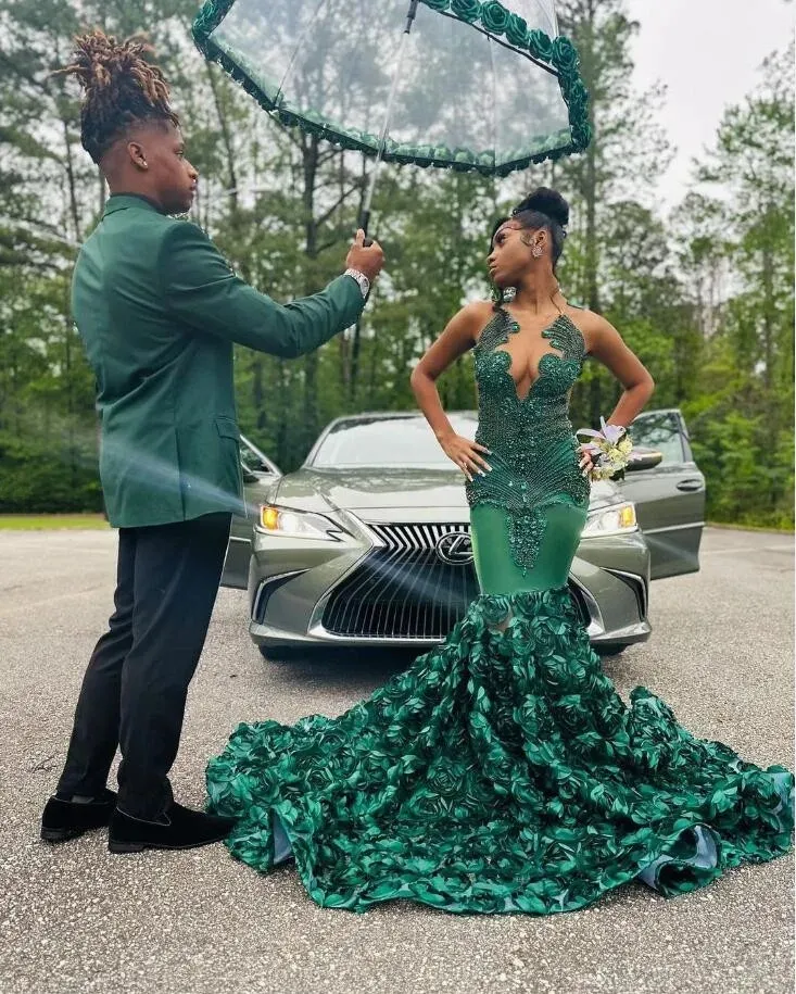 Luxurious Green Mermaid Evening Dress 3D Flowers Pageant Dress Y6356