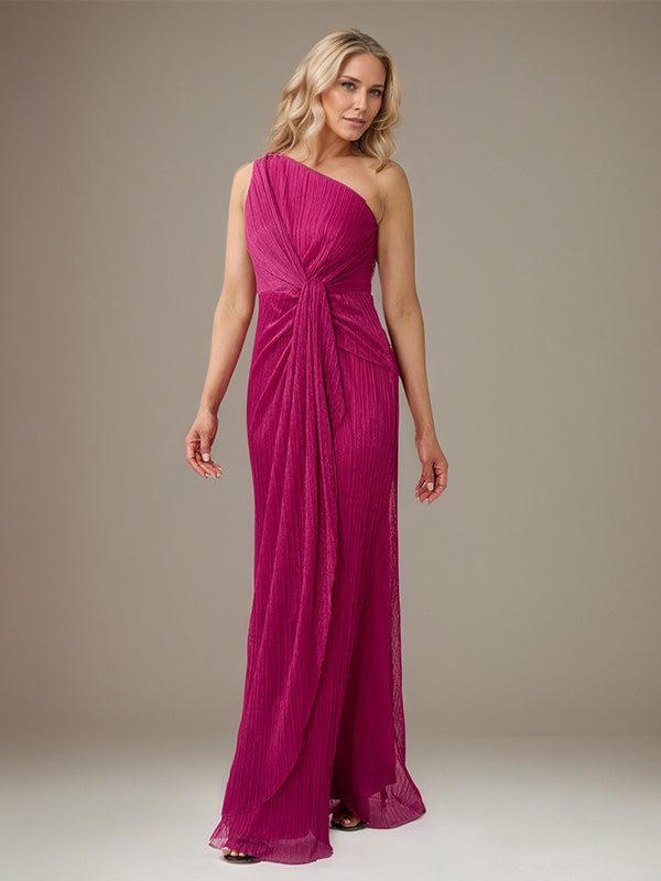 Fuchsia Chiffon One Shoulder Sleeveless Floor Length Pleated Dress - VelvetHem