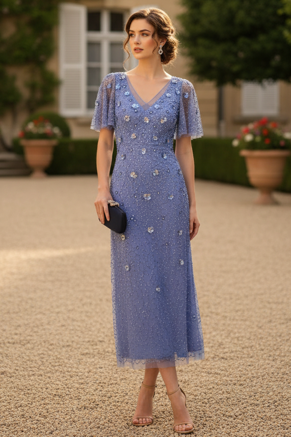 Beaded Mesh Flutter Sleeve Midi Dress In Peri Blue
