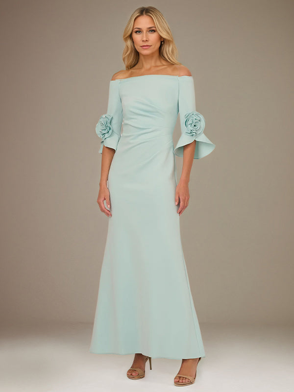 Mint Green A Line Stretch Crepe Off the Shoulder 1/2 Sleeves Ankle Length Dress With Rose - VelvetHem