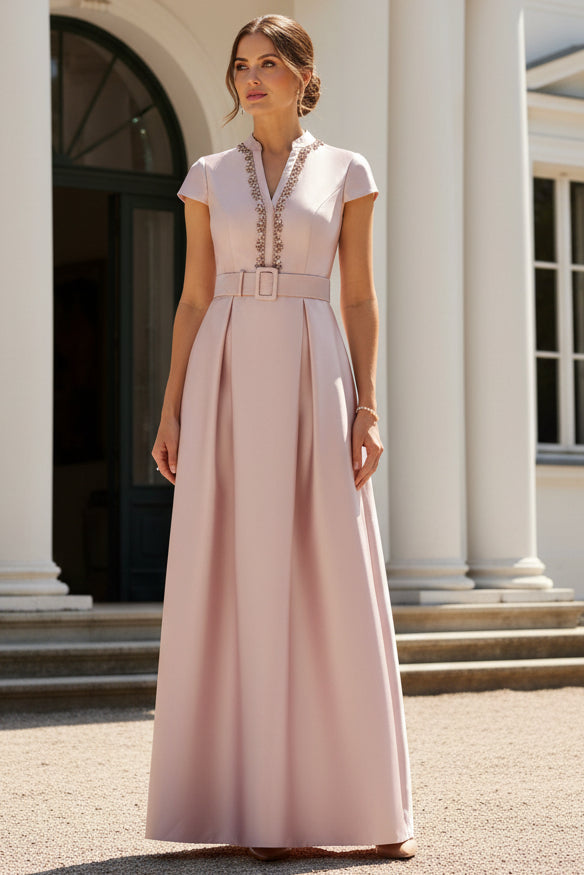 Cap Sleeve Beaded Collar Ballgown In Bellini