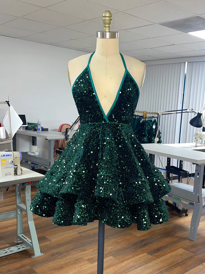 Sequin Party Dress V Neck Ruffle Mini Dress Custom Back to School Dress - View 8 | VelvetHem