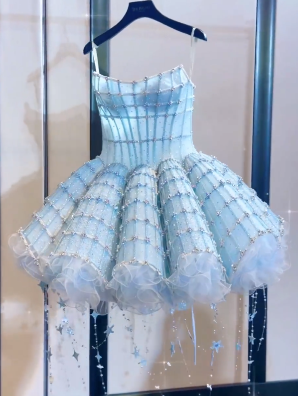 Fantasy Blue Tulle Beaded Short Birthday Dress A Line Homecoming Dress