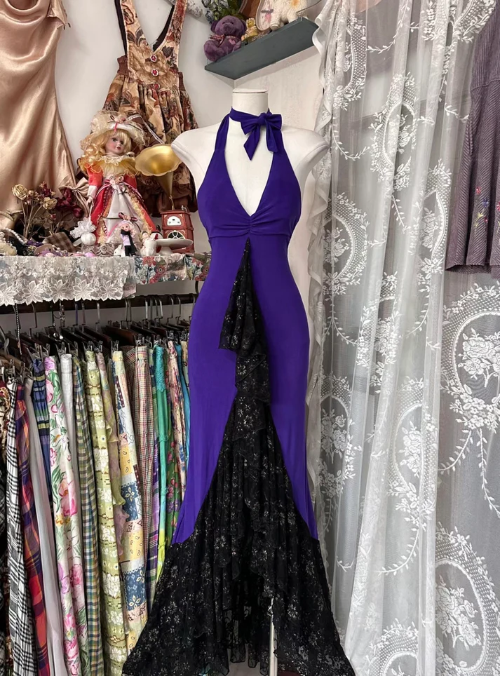Unique Purple Satin Lace Ruffles Evening Dress Halter Mermaid Prom Dress - VelvetHem