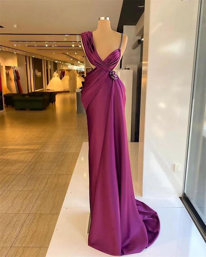 Purple Evening Dresses Beaded Crystals Ruched Pleats Satin Summer Spaghetti Strap Custom Made Prom Gown Formal Party Occasion Wear