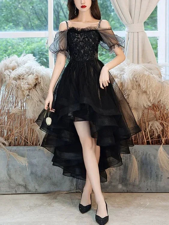Black Sweetheart Tulle Lace High Low Prom Dress Black Homecoming Dress (ZD12591) - VelvetHem