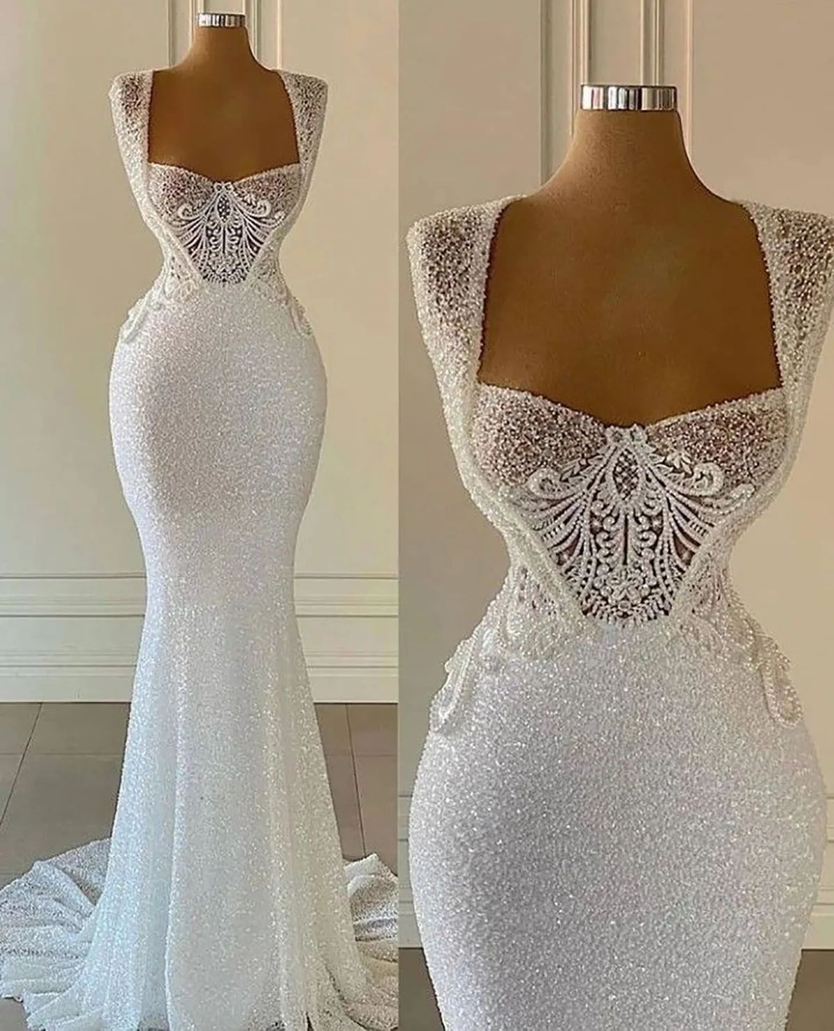 Luxury New Square Neck White Wedding Dress Women Mermaid Prom Dress Formal Gowns Bridal Gown - View 3 | VelvetHem