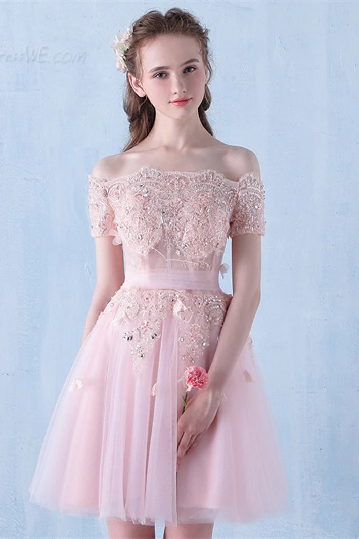 Pink Off the Shoulder Tulle Short Prom Dress with Beading, A Line Homecoming Dress - VelvetHem
