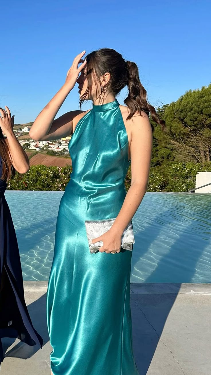 Unique Halter Viridian Green Sleeveless Satin Mermaid Prom Dress Formal Bridesmaid Dress