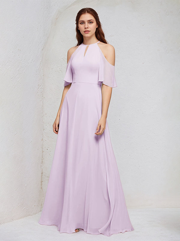 Lilac A Line Chiffon Halter Neck Short Sleeves Floor Length Bridesmaid Dresses - VelvetHem