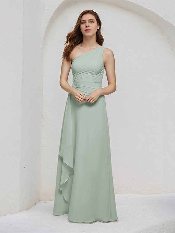 Sage A Line Chiffon One Shoulder Sleeveless Floor Length Bridesmaid Dresses - VelvetHem