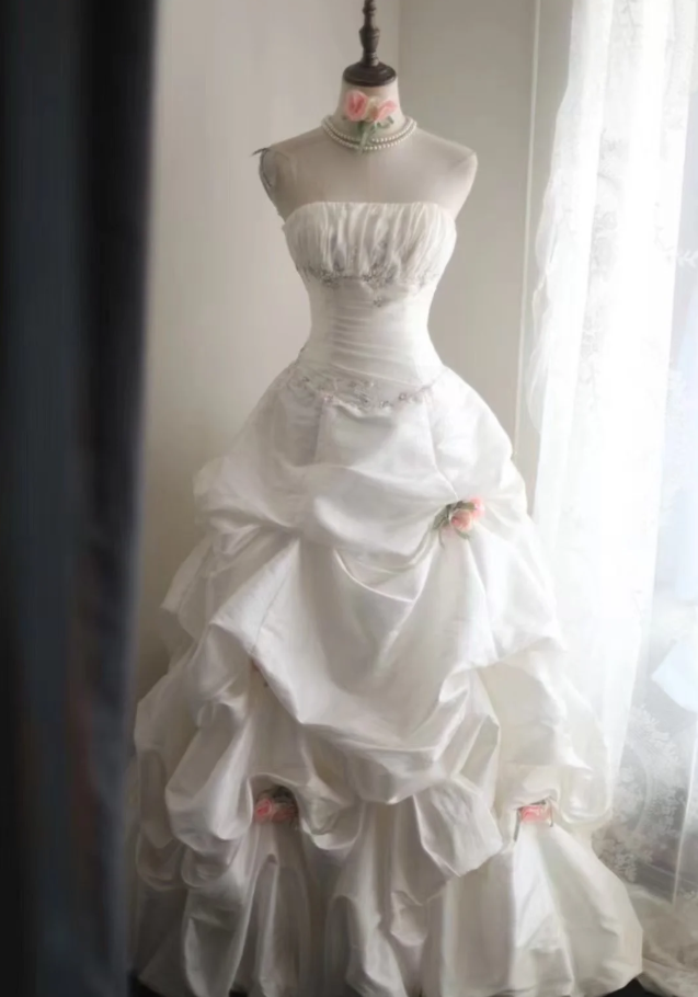Elegant Strapless Ball Gown White Satin Pleated Floral Long Wedding Dress - View 2 | VelvetHem
