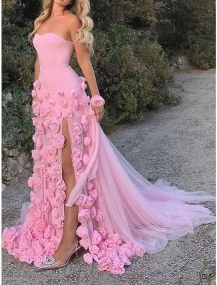 Beautiful Pink Strapless Tulle Rose Flowers Prom Dress Mermaid Slit Evening Dress Wedding Dress - VelvetHem