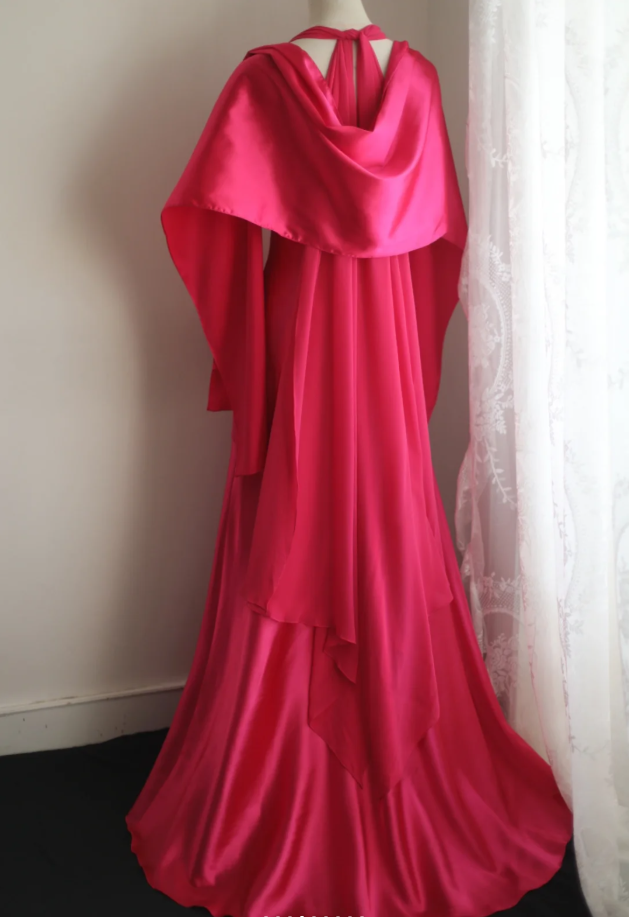 Glamorous Halter Hot Pink Satin Chiffon Mermaid Long Party Dress Formal Birthday Prom Gowns With Cape - View 5 | VelvetHem