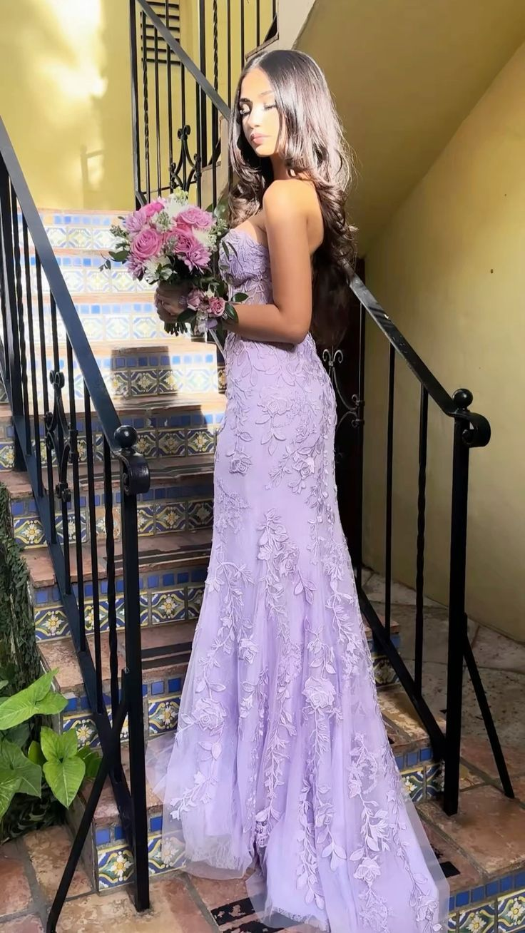 Lilac Strapless Tulle Lace Appliques Prom Dress Mermaid Party Evening Gown - VelvetHem