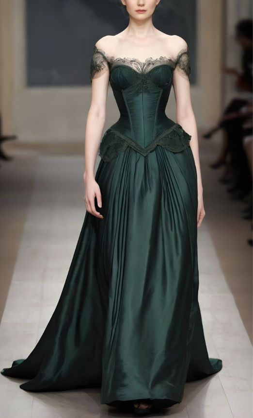 Vintage Green Off Shoulder Lace Satin Evening Dress Formal Prom Dress Y7810 - VelvetHem
