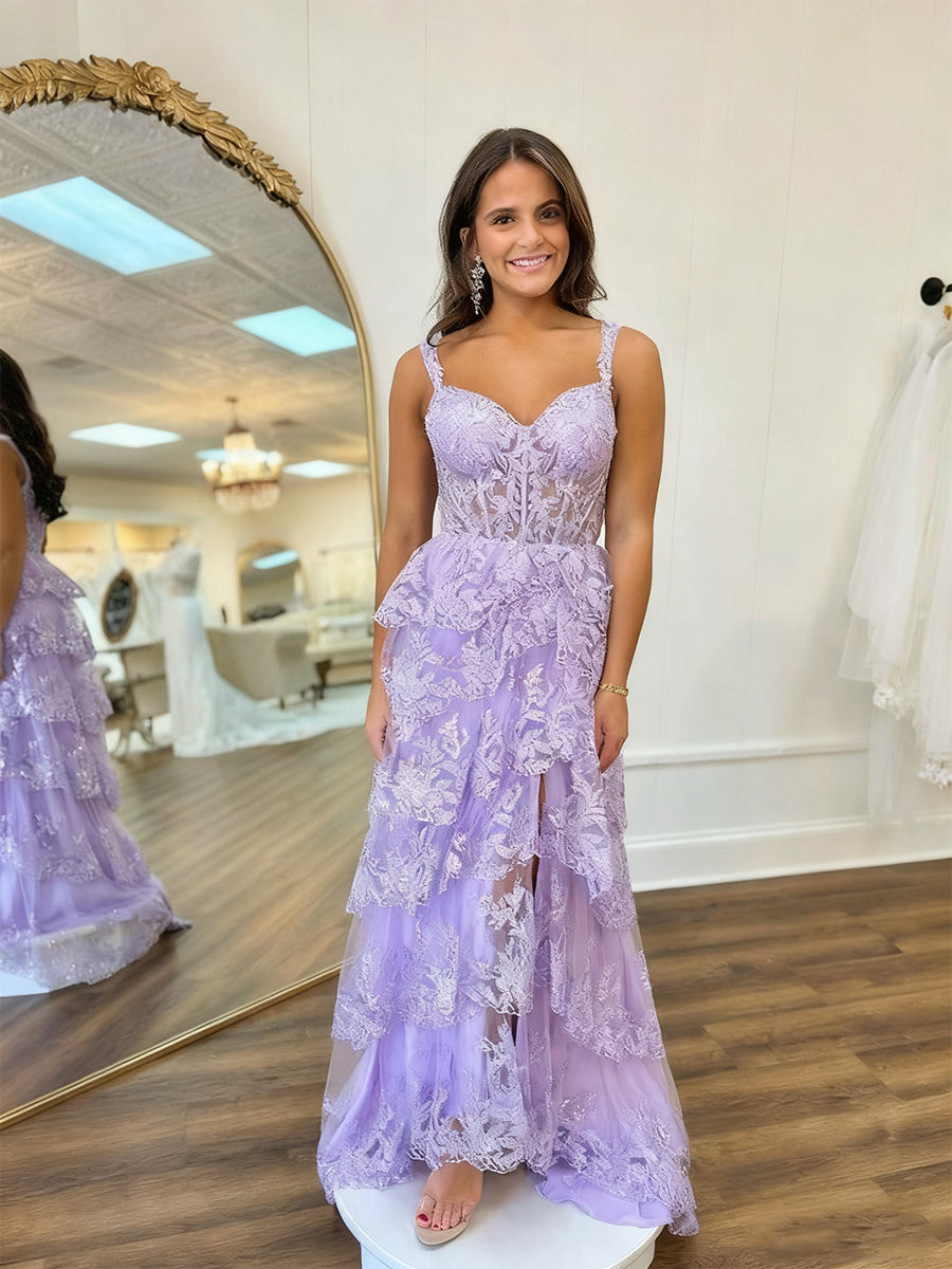 A Line Lilac Tiered Lace Long Prom Dress with Slit - VelvetHem