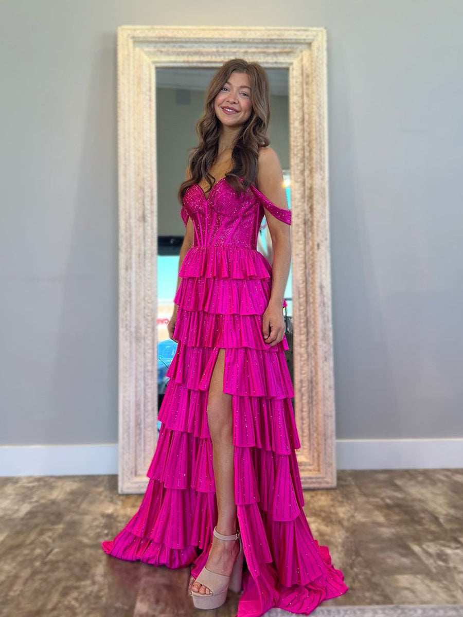A Line Off the Shoulder Tiered Beaded Prom Dress with Slit - VelvetHem