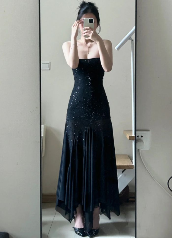 Sexy Black Rhinestone Mermaid Prom Dress Spaghetti Straps Chiffon Evening Dress - VelvetHem