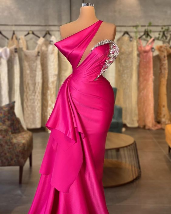 Women's Fuchsia One Shoulder Satin Pleated Evening Dress Long Party Gowns Special Occasion Dresses - VelvetHem