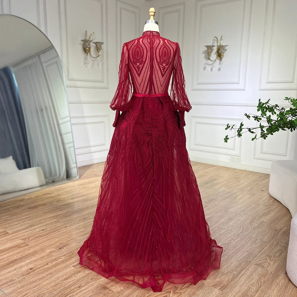 Zapdress Customized Wine Red Long Sleeves Overskirt Evening Dresses 2024 Muslim Party Gowns For Women Plus Size (ZD17306)