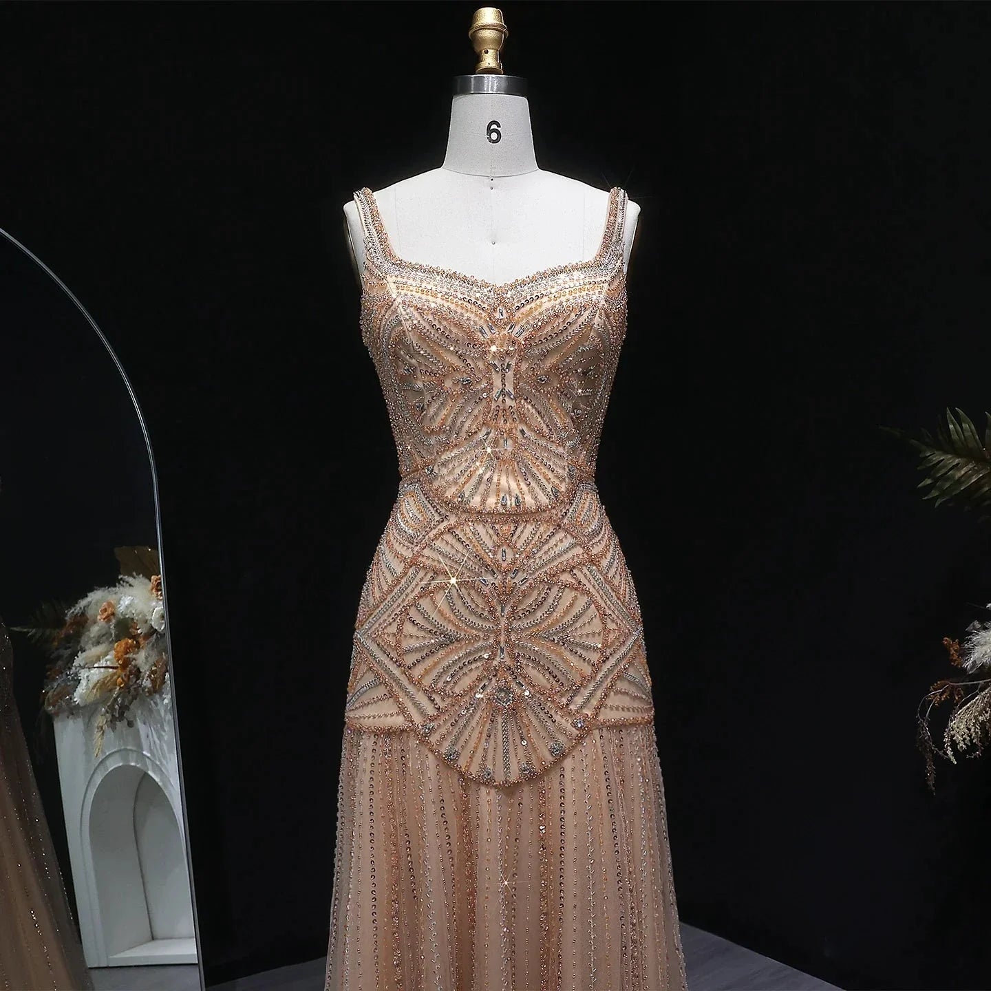 Champagne Beaded Mermaid Evening Dress Luxury Saudi Wedding Gown Customized (ZD17070)