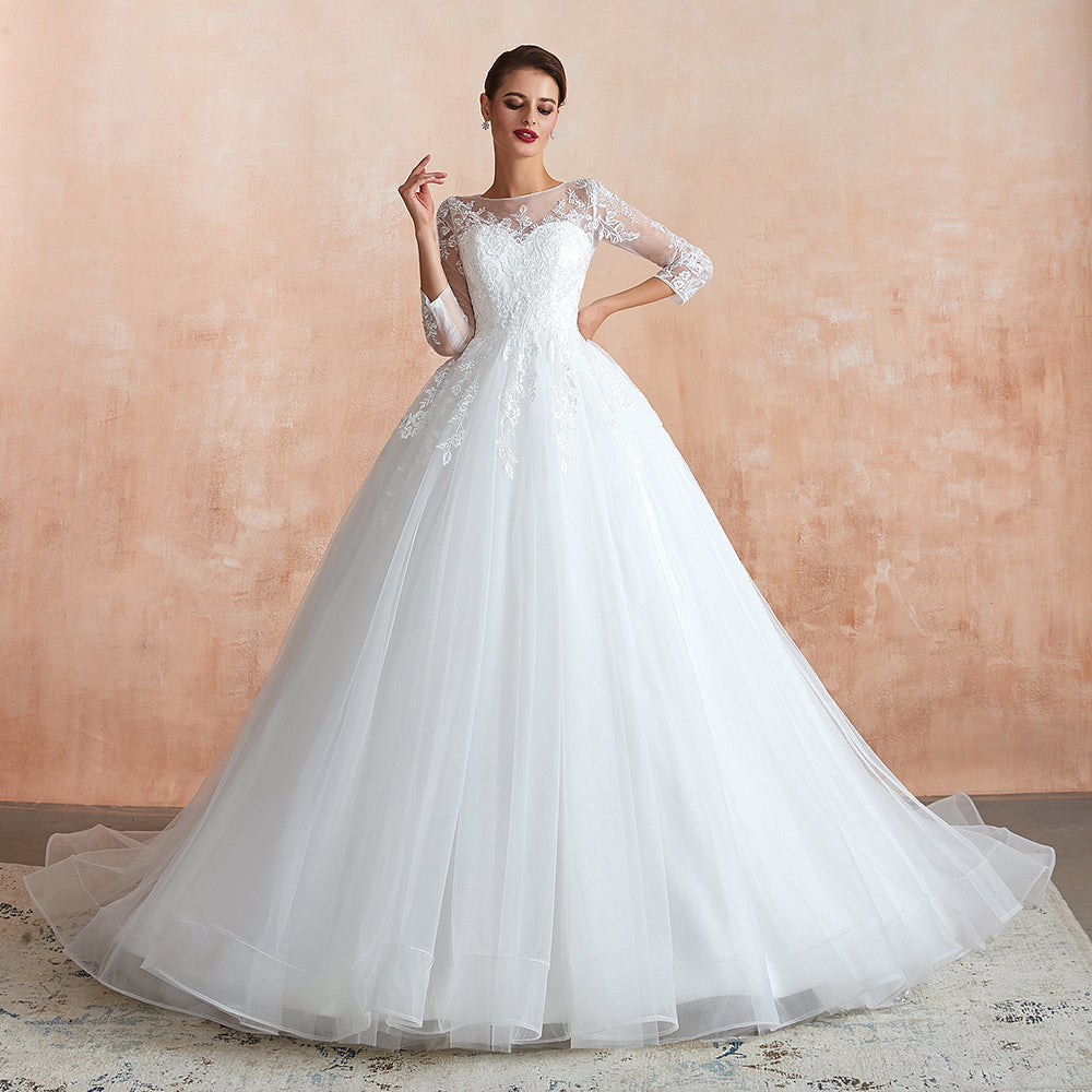 Affordable Lace Jewel White Tulle Wedding Dress with 3/4 Sleeves
