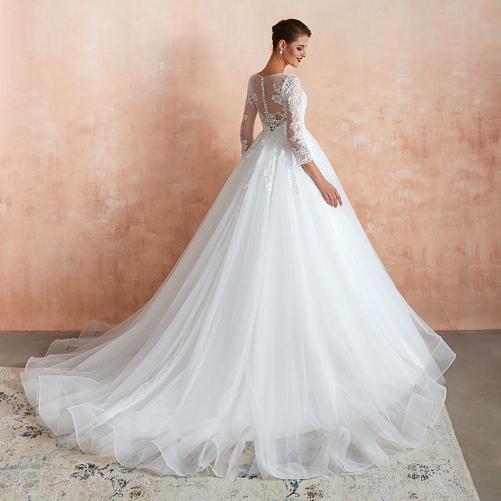Affordable Lace Jewel White Tulle Wedding Dress with 3/4 Sleeves